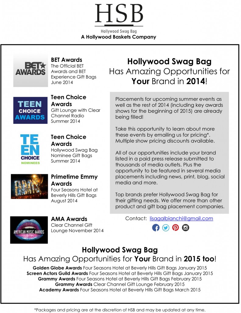Hollywood Swag Bag Upcoming Gift Bag abd Gift Lounge Placement Opportunities